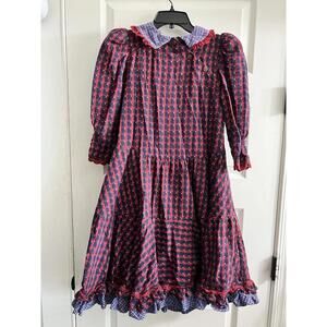 Vtg Mousefeathers Red Blue Plaid Dress Girls Sz 10 Cottagecore Prairie Collar